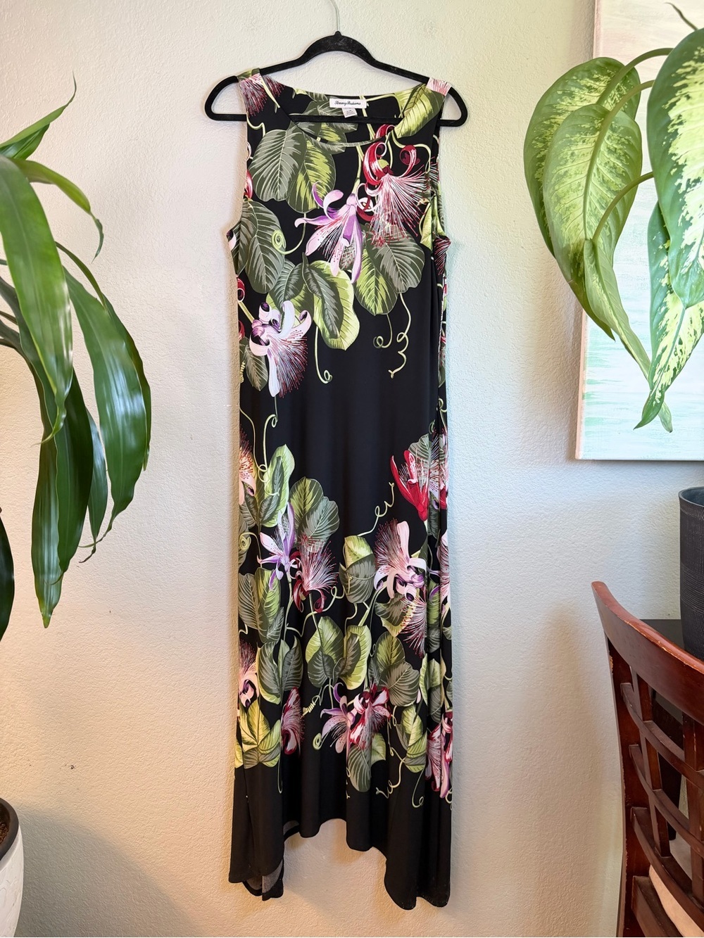 Tommy Bahama Floral Enchantment Black Pink Green Resortwear Hi Low Maxi Dress L - Picture 2 of 7